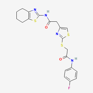 molecular formula C20H19FN4O2S3 B2777124 N-(4-氟苯基)-2-((4-(2-氧代-2-((4,5,6,7-四氢苯并[d]噻唑-2-基)氨基)乙基)噻唑-2-基)硫基)乙酰胺 CAS No. 1203212-42-3