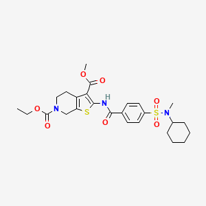 molecular formula C26H33N3O7S2 B2777134 6-乙基-3-甲基-2-(4-(N-环己基-N-甲基磺酰)苯甲酰胺基)-4,5-二氢噻吩[2,3-c]吡啶-3,6(7H)-二羧酸酯 CAS No. 449770-58-5
