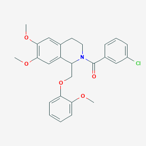 molecular formula C26H26ClNO5 B2777138 (3-chlorophenyl)(6,7-dimethoxy-1-((2-methoxyphenoxy)methyl)-3,4-dihydroisoquinolin-2(1H)-yl)methanone CAS No. 680605-22-5