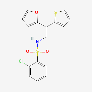 molecular formula C16H14ClNO3S2 B2777143 2-chloro-N-[2-(furan-2-yl)-2-(thiophen-2-yl)ethyl]benzene-1-sulfonamide CAS No. 2097919-78-1