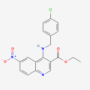 molecular formula C19H16ClN3O4 B2777144 Ethyl 4-[(4-chlorobenzyl)amino]-6-nitro-3-quinolinecarboxylate CAS No. 478248-26-9
