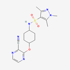 molecular formula C17H22N6O3S B2777153 N-((1r,4r)-4-((3-cyanopyrazin-2-yl)oxy)cyclohexyl)-1,3,5-trimethyl-1H-pyrazole-4-sulfonamide CAS No. 2034204-18-5