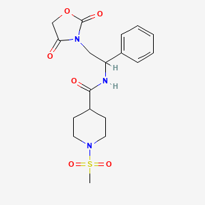 molecular formula C18H23N3O6S B2777252 N-(2-(2,4-二氧代噁唑啉-3-基)-1-苯基乙基)-1-(甲磺酰基)哌啶-4-甲酰胺 CAS No. 2034564-13-9