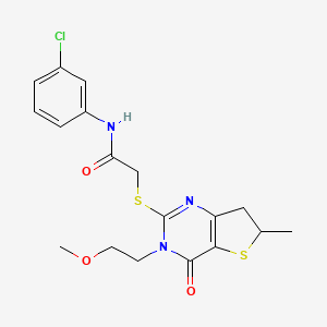 molecular formula C18H20ClN3O3S2 B2777255 N-(3-chlorophenyl)-2-((3-(2-methoxyethyl)-6-methyl-4-oxo-3,4,6,7-tetrahydrothieno[3,2-d]pyrimidin-2-yl)thio)acetamide CAS No. 851410-28-1