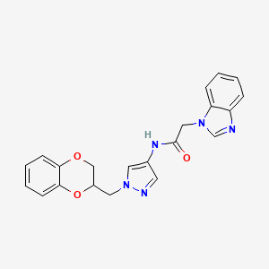 molecular formula C21H19N5O3 B2777421 2-(1H-benzo[d]imidazol-1-yl)-N-(1-((2,3-dihydrobenzo[b][1,4]dioxin-2-yl)methyl)-1H-pyrazol-4-yl)acetamide CAS No. 1797336-07-2