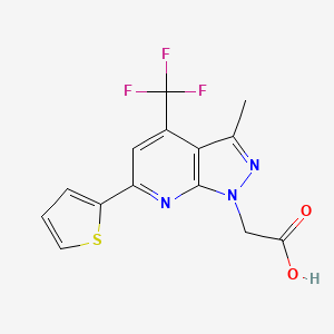 molecular formula C14H10F3N3O2S B2777422 2-(3-Methyl-6-(thiophen-2-yl)-4-(trifluoromethyl)-1H-pyrazolo[3,4-b]pyridin-1-yl)acetic acid CAS No. 937605-82-8
