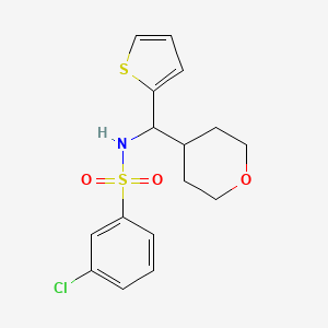 molecular formula C16H18ClNO3S2 B2777428 3-chloro-N-((tetrahydro-2H-pyran-4-yl)(thiophen-2-yl)methyl)benzenesulfonamide CAS No. 2319720-71-1
