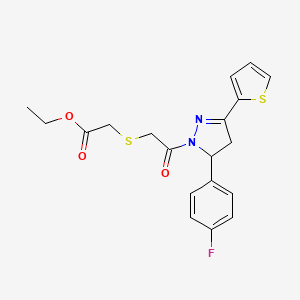 molecular formula C19H19FN2O3S2 B2777487 Ethyl 2-[2-[3-(4-fluorophenyl)-5-thiophen-2-yl-3,4-dihydropyrazol-2-yl]-2-oxoethyl]sulfanylacetate CAS No. 403842-92-2