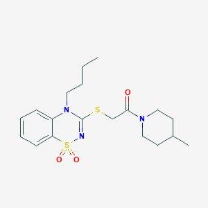 molecular formula C19H27N3O3S2 B2777499 4-butyl-3-{[2-(4-methylpiperidin-1-yl)-2-oxoethyl]thio}-4H-1,2,4-benzothiadiazine 1,1-dioxide CAS No. 933213-59-3