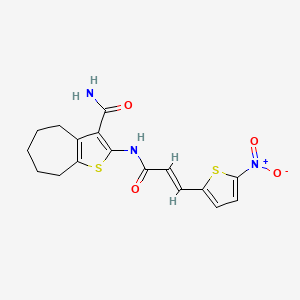 molecular formula C17H17N3O4S2 B2777529 (E)-2-(3-(5-nitrothiophen-2-yl)acrylamido)-5,6,7,8-tetrahydro-4H-cyclohepta[b]thiophene-3-carboxamide CAS No. 477494-61-4