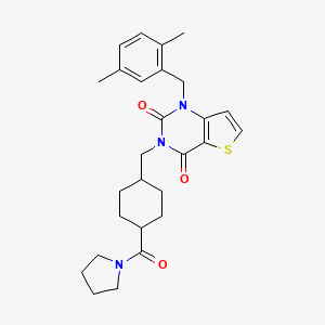 molecular formula C27H33N3O3S B2777530 1-(2,5-dimethylbenzyl)-3-((4-(pyrrolidine-1-carbonyl)cyclohexyl)methyl)thieno[3,2-d]pyrimidine-2,4(1H,3H)-dione CAS No. 932500-72-6