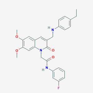 molecular formula C28H28FN3O4 B2777560 2-(3-(((4-ethylphenyl)amino)methyl)-6,7-dimethoxy-2-oxoquinolin-1(2H)-yl)-N-(3-fluorophenyl)acetamide CAS No. 894557-29-0