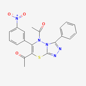 molecular formula C20H15N5O4S B2777583 1-[5-acetyl-6-(3-nitrophenyl)-3-phenyl-5H-[1,2,4]triazolo[3,4-b][1,3,4]thiadiazin-7-yl]ethanone CAS No. 877813-85-9