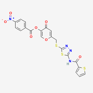 molecular formula C20H12N4O7S3 B2777662 4-oxo-6-(((5-(thiophene-2-carboxamido)-1,3,4-thiadiazol-2-yl)thio)methyl)-4H-pyran-3-yl 4-nitrobenzoate CAS No. 877643-33-9