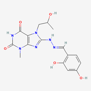 molecular formula C16H18N6O5 B2777683 (E)-8-(2-(2,4-dihydroxybenzylidene)hydrazinyl)-7-(2-hydroxypropyl)-3-methyl-1H-purine-2,6(3H,7H)-dione CAS No. 887199-76-0