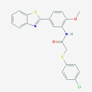 molecular formula C22H17ClN2O2S2 B277770 N-[5-(1,3-benzothiazol-2-yl)-2-methoxyphenyl]-2-[(4-chlorophenyl)sulfanyl]acetamide 