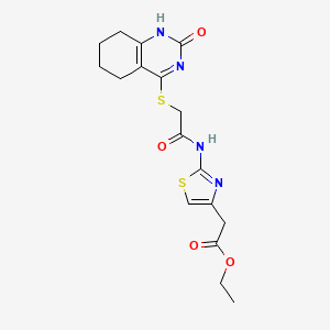 molecular formula C17H20N4O4S2 B2777735 Ethyl 2-(2-(2-((2-oxo-1,2,5,6,7,8-hexahydroquinazolin-4-yl)thio)acetamido)thiazol-4-yl)acetate CAS No. 898450-41-4