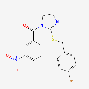 molecular formula C17H14BrN3O3S B2777868 [2-[(4-Bromophenyl)methylsulfanyl]-4,5-dihydroimidazol-1-yl]-(3-nitrophenyl)methanone CAS No. 851800-68-5