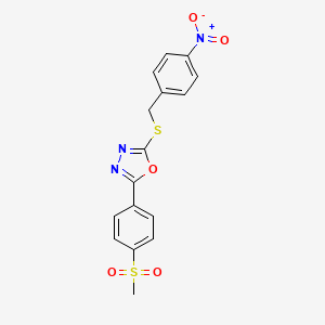 molecular formula C16H13N3O5S2 B2777966 2-(4-(Methylsulfonyl)phenyl)-5-((4-nitrobenzyl)thio)-1,3,4-oxadiazole CAS No. 923157-70-4