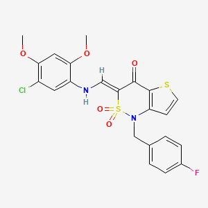 molecular formula C22H18ClFN2O5S2 B2778206 (3Z)-3-{[(5-chloro-2,4-dimethoxyphenyl)amino]methylene}-1-(4-fluorobenzyl)-1H-thieno[3,2-c][1,2]thiazin-4(3H)-one 2,2-dioxide CAS No. 894684-22-1