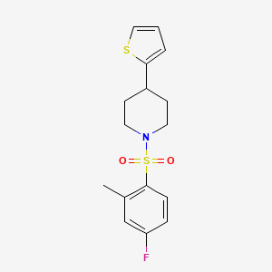 molecular formula C16H18FNO2S2 B2778239 1-((4-Fluoro-2-methylphenyl)sulfonyl)-4-(thiophen-2-yl)piperidine CAS No. 1396869-22-9