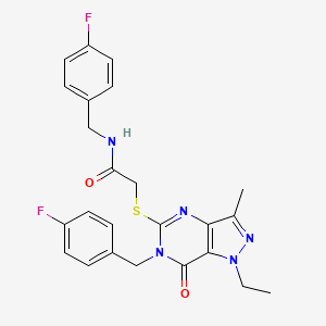 molecular formula C24H23F2N5O2S B2778261 2-({1-ethyl-6-[(4-fluorophenyl)methyl]-3-methyl-7-oxo-1H,6H,7H-pyrazolo[4,3-d]pyrimidin-5-yl}sulfanyl)-N-[(4-fluorophenyl)methyl]acetamide CAS No. 1359083-99-0