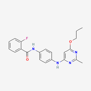 molecular formula C21H21FN4O2 B2778268 2-氟-N-(4-((2-甲基-6-丙氧基嘧啶-4-基)氨基苯基)苯甲酰胺 CAS No. 946355-63-1