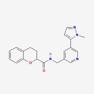 molecular formula C20H20N4O2 B2778274 N-((5-(1-methyl-1H-pyrazol-5-yl)pyridin-3-yl)methyl)chroman-2-carboxamide CAS No. 2034226-27-0
