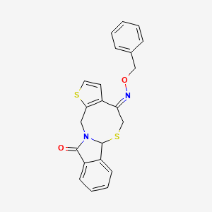 molecular formula C22H18N2O2S2 B2778380 (8E)-8-[(benzyloxy)imino]-4,10-dithia-1-azatetracyclo[9.7.0.0^{3,7}.0^{12,17}]octadeca-3(7),5,12(17),13,15-pentaen-18-one CAS No. 866008-40-4