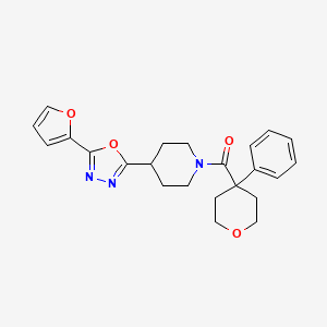 molecular formula C23H25N3O4 B2778384 (4-(5-(furan-2-yl)-1,3,4-oxadiazol-2-yl)piperidin-1-yl)(4-phenyltetrahydro-2H-pyran-4-yl)methanone CAS No. 1209994-24-0