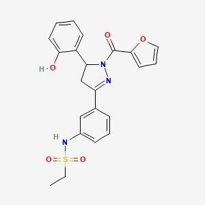 molecular formula C22H21N3O5S B2778401 N-{3-[1-(furan-2-carbonyl)-5-(2-hydroxyphenyl)-4,5-dihydro-1H-pyrazol-3-yl]phenyl}ethane-1-sulfonamide CAS No. 868214-42-0