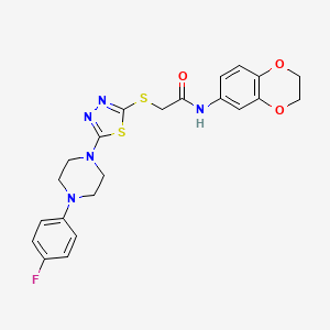 molecular formula C22H22FN5O3S2 B2778429 N-(2,3-二氢苯并[b][1,4]二噁杂环-6-基)-2-((5-(4-(4-氟苯基)哌嗪-1-基)-1,3,4-噻二唑-2-基)硫基)乙酰胺 CAS No. 1105221-73-5