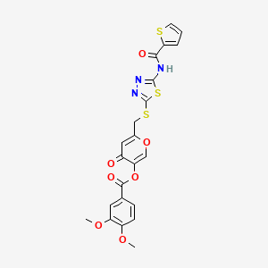 molecular formula C22H17N3O7S3 B2778607 4-oxo-6-(((5-(thiophene-2-carboxamido)-1,3,4-thiadiazol-2-yl)thio)methyl)-4H-pyran-3-yl 3,4-dimethoxybenzoate CAS No. 877642-71-2
