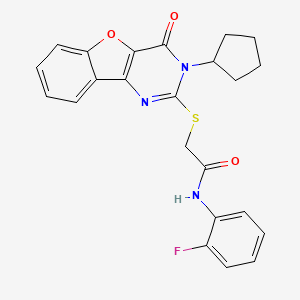 molecular formula C23H20FN3O3S B2778630 2-[(3-cyclopentyl-4-oxo-3,4-dihydro[1]benzofuro[3,2-d]pyrimidin-2-yl)sulfanyl]-N-(2-fluorophenyl)acetamide CAS No. 899742-45-1