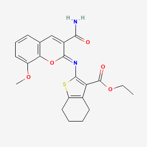 molecular formula C22H22N2O5S B2778768 ethyl 2-{[(2Z)-3-(aminocarbonyl)-8-methoxy-2H-chromen-2-ylidene]amino}-4,5,6,7-tetrahydro-1-benzothiophene-3-carboxylate CAS No. 313982-21-7