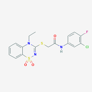 molecular formula C17H15ClFN3O3S2 B2778773 N-(3-chloro-4-fluorophenyl)-2-((4-ethyl-1,1-dioxido-4H-benzo[e][1,2,4]thiadiazin-3-yl)thio)acetamide CAS No. 1029734-74-4