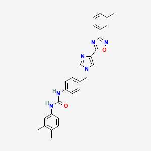 molecular formula C28H26N6O2 B2778888 1-(3,4-dimethylphenyl)-3-(4-((4-(3-(m-tolyl)-1,2,4-oxadiazol-5-yl)-1H-imidazol-1-yl)methyl)phenyl)urea CAS No. 1357852-05-1