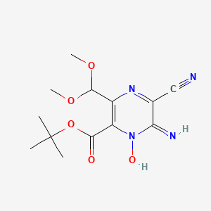 molecular formula C13H18N4O5 B2778960 2-Amino-6-(tert-butoxycarbonyl)-3-cyano-5-(dimethoxymethyl)pyrazine 1-oxide CAS No. 73198-26-2