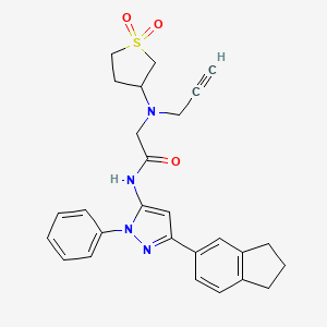molecular formula C27H28N4O3S B2779027 N-[3-(2,3-dihydro-1H-inden-5-yl)-1-phenyl-1H-pyrazol-5-yl]-2-[(1,1-dioxo-1lambda6-thiolan-3-yl)(prop-2-yn-1-yl)amino]acetamide CAS No. 1384560-46-6