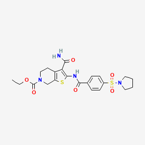 molecular formula C22H26N4O6S2 B2779092 乙酸 3-氨基-2-(4-(吡咯啉-1-基磺酰)苯胺基)-4,5-二氢噻吩并[2,3-c]吡啶-6(7H)-羧酸酯 CAS No. 449782-09-6