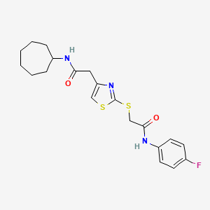 molecular formula C20H24FN3O2S2 B2779120 N-cycloheptyl-2-(2-((2-((4-fluorophenyl)amino)-2-oxoethyl)thio)thiazol-4-yl)acetamide CAS No. 941980-61-6