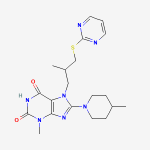 molecular formula C20H27N7O2S B2779163 3-Methyl-8-(4-methylpiperidyl)-7-(2-methyl-3-pyrimidin-2-ylthiopropyl)-1,3,7-t rihydropurine-2,6-dione CAS No. 893964-15-3