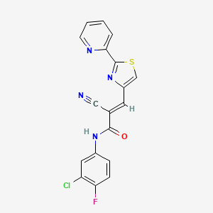 molecular formula C18H10ClFN4OS B2779174 (E)-N-(3-chloro-4-fluorophenyl)-2-cyano-3-(2-pyridin-2-yl-1,3-thiazol-4-yl)prop-2-enamide CAS No. 1181467-28-6