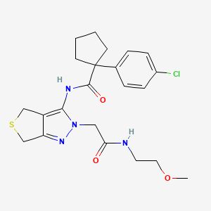molecular formula C22H27ClN4O3S B2779186 1-(4-chlorophenyl)-N-(2-(2-((2-methoxyethyl)amino)-2-oxoethyl)-4,6-dihydro-2H-thieno[3,4-c]pyrazol-3-yl)cyclopentanecarboxamide CAS No. 1105204-12-3