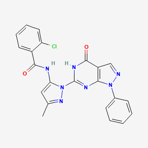 molecular formula C22H16ClN7O2 B2779188 2-chloro-N-(3-methyl-1-(4-oxo-1-phenyl-4,5-dihydro-1H-pyrazolo[3,4-d]pyrimidin-6-yl)-1H-pyrazol-5-yl)benzamide CAS No. 1019097-38-1