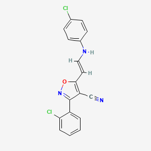 molecular formula C18H11Cl2N3O B2779304 5-[(E)-2-(4-chloroanilino)ethenyl]-3-(2-chlorophenyl)-1,2-oxazole-4-carbonitrile CAS No. 320424-88-2