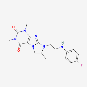 molecular formula C18H19FN6O2 B2779315 8-(2-((4-fluorophenyl)amino)ethyl)-1,3,7-trimethyl-1H-imidazo[2,1-f]purine-2,4(3H,8H)-dione CAS No. 923129-17-3