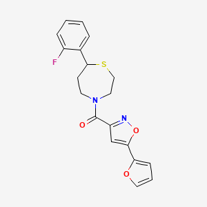 molecular formula C19H17FN2O3S B2779374 (7-(2-Fluorophenyl)-1,4-thiazepan-4-yl)(5-(furan-2-yl)isoxazol-3-yl)methanone CAS No. 1704519-76-5