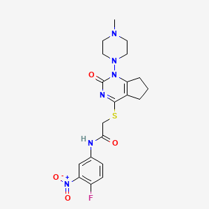 molecular formula C20H23FN6O4S B2779381 N-(4-fluoro-3-nitrophenyl)-2-((1-(4-methylpiperazin-1-yl)-2-oxo-2,5,6,7-tetrahydro-1H-cyclopenta[d]pyrimidin-4-yl)thio)acetamide CAS No. 899993-04-5