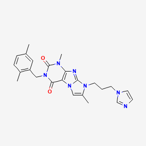 molecular formula C24H27N7O2 B2779409 3-[(2,5-Dimethylphenyl)methyl]-8-(3-imidazolylpropyl)-1,7-dimethyl-1,3,5-trihy dro-4-imidazolino[1,2-h]purine-2,4-dione CAS No. 919040-89-4
